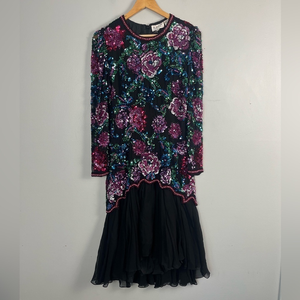 VTG 80s Black Tie Women's Floral Beaded Sequin Ball Gown Midi silk Dress Size 10